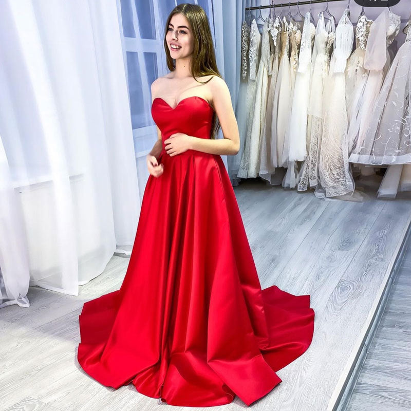 Red Satin Tube Top Bandeau Prom Dress