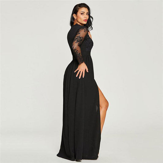 Black V-Neck Lace Embroidered Split Prom Dress