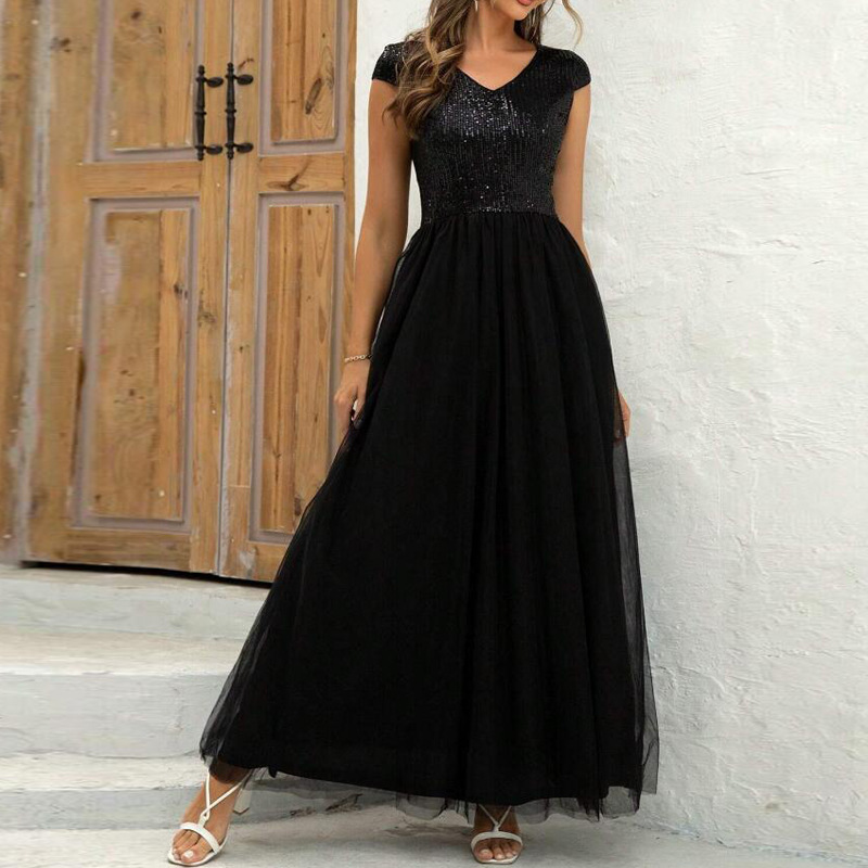 Cap-sleeved V Neck A-line Tulle Dress