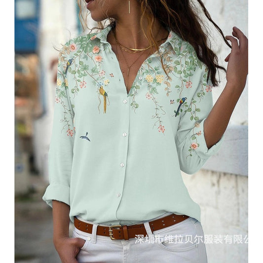 Women's Floral Print Button Long Sleeve Shirt Blouse