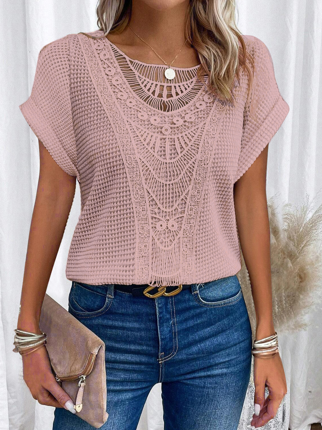 Lace Short Sleeves Crew Neck Top