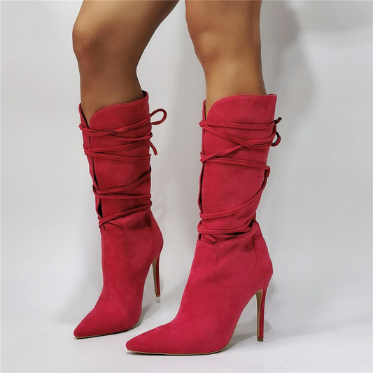 Women Pointed Toe Lace Up High Heel Boots