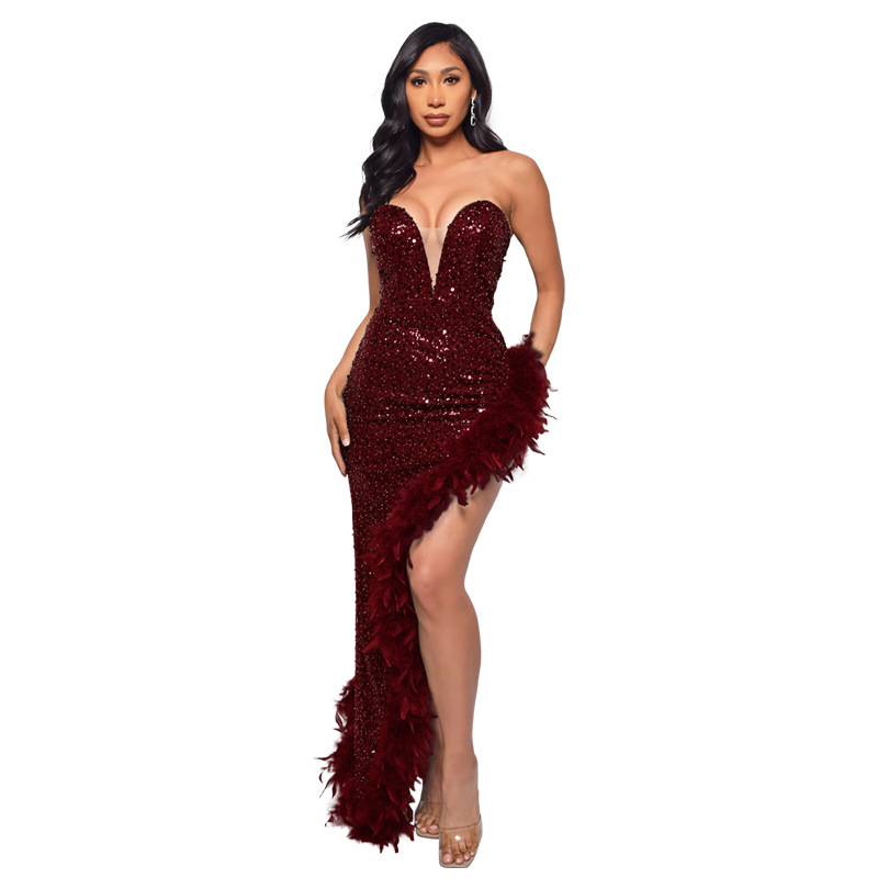 Sequin Deep V Neck Strapless Long Slit Prom Dress