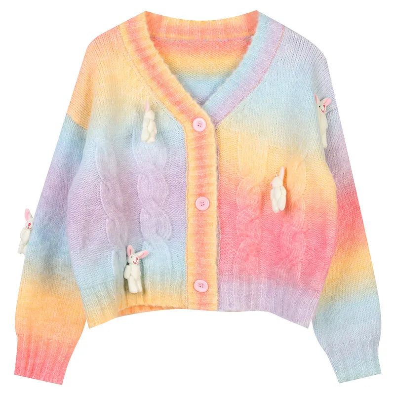 Rainbow Gradient V-Neck Knitted Sweater