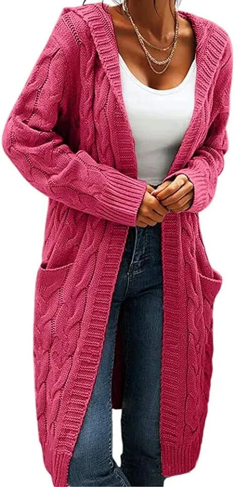 Women Hooded Open Front Cardigan Cable Knit Sweater