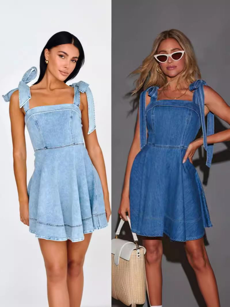 Bow Shoulder Mini  Denim Dress