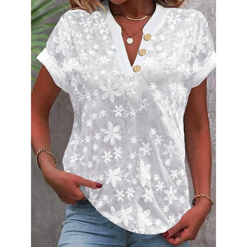 White Lace V Neck Short Sleeves Top