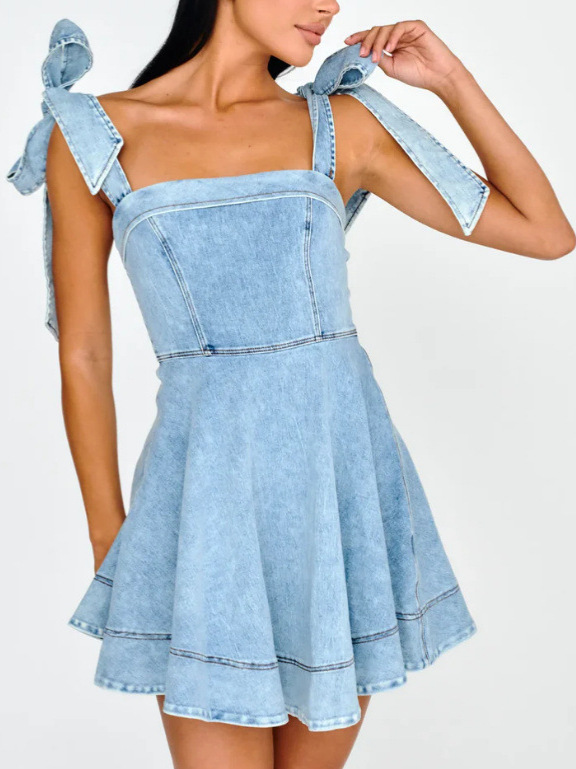 Bow Shoulder Mini  Denim Dress