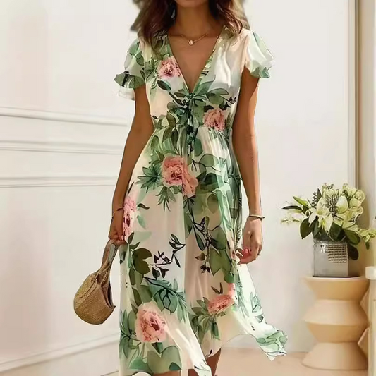 Deep V Neck Floral Printed Short Sleeves Maxi Dress