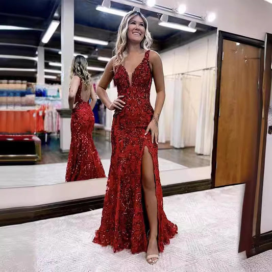 Column V-neck Sleeveless Brush Train Prom Dress