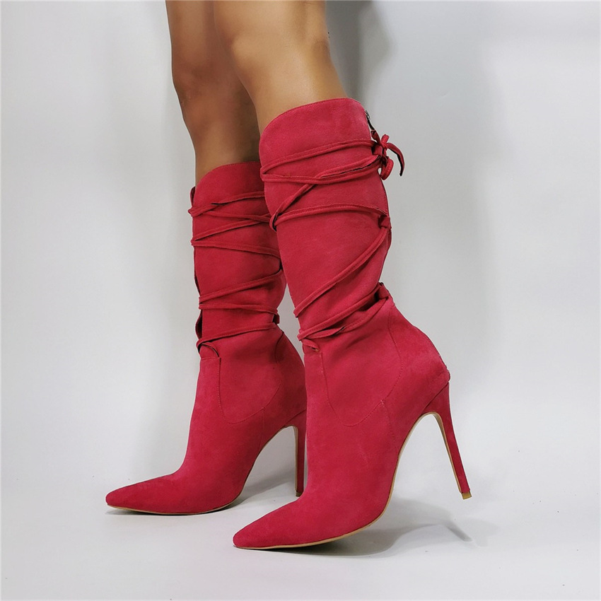 Women Pointed Toe Lace Up High Heel Boots