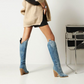 Women's Western Canvas Chunky Heel Knee-High Boots