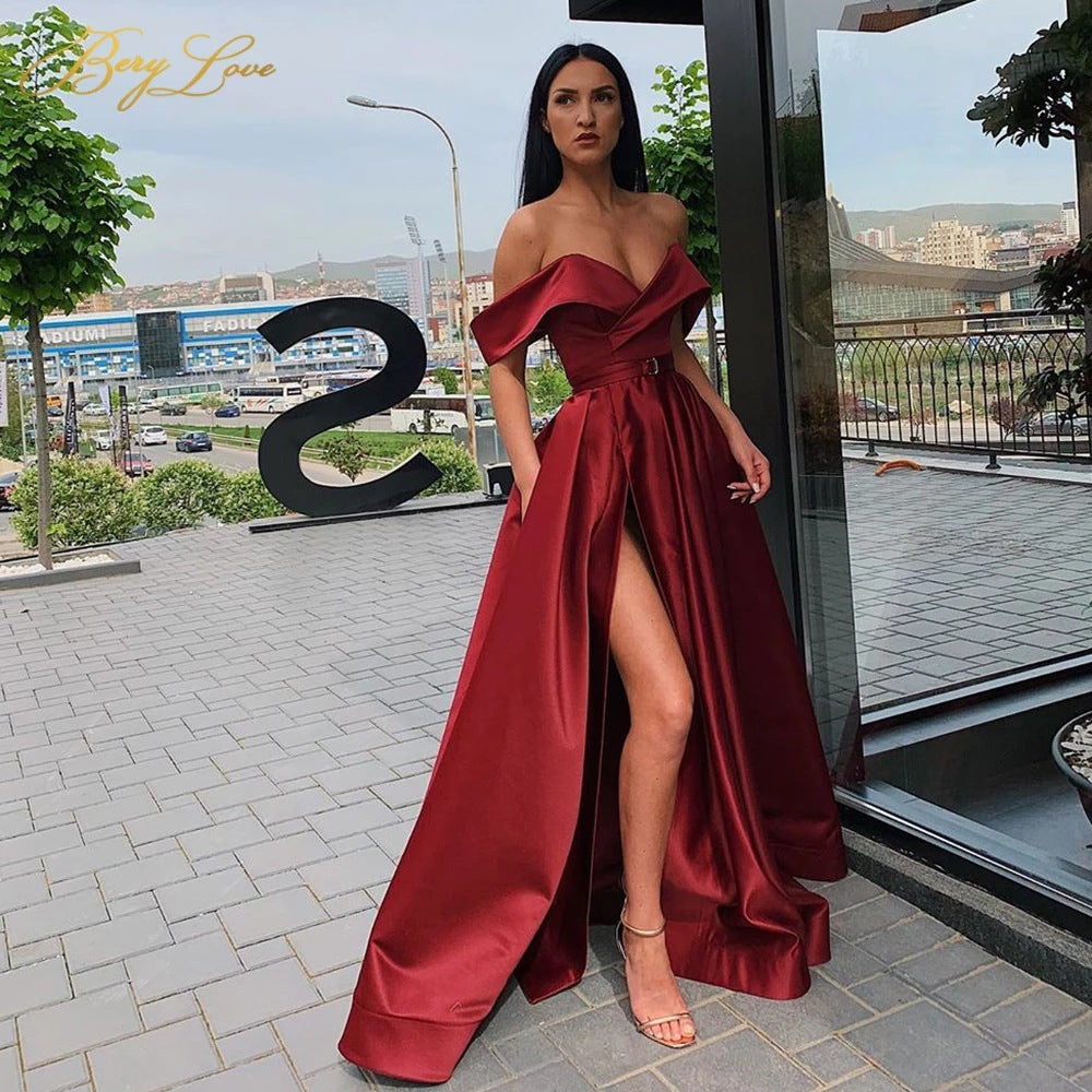 Off Shoulder Sleeveless Split Long Prom Dress