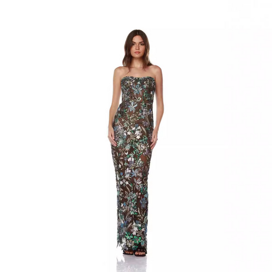 Strapless Sleeveless Flower Embroidered Maxi Dress