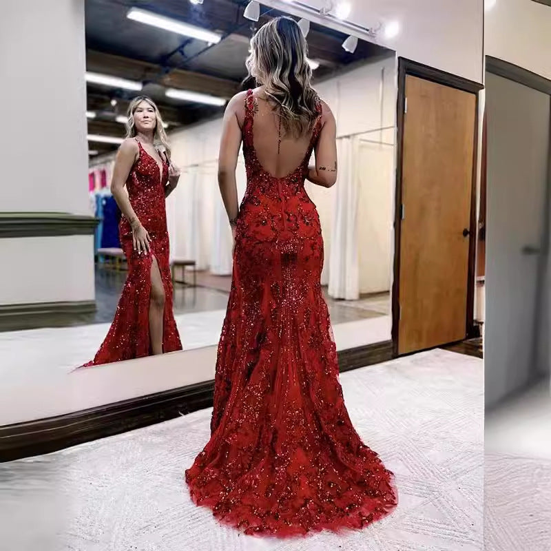 Column V-neck Sleeveless Brush Train Prom Dress