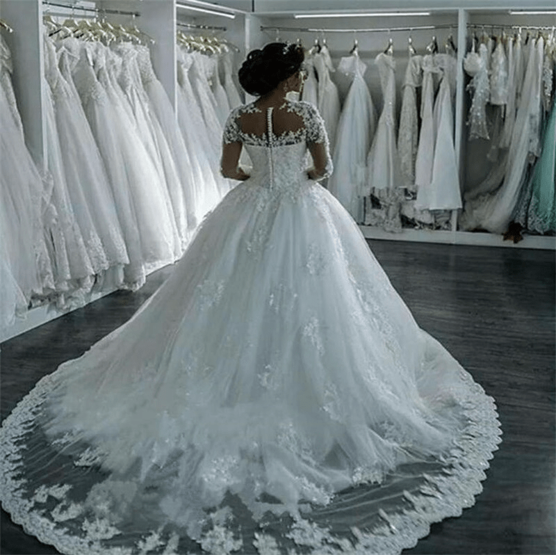 Applique Tulle Scoop Long Sleeves Court Train Ball Gown Wedding Dress