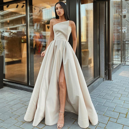 Princess Satin Ruffles One-Shoulder Sleeveless Floor-Length Prom Dress