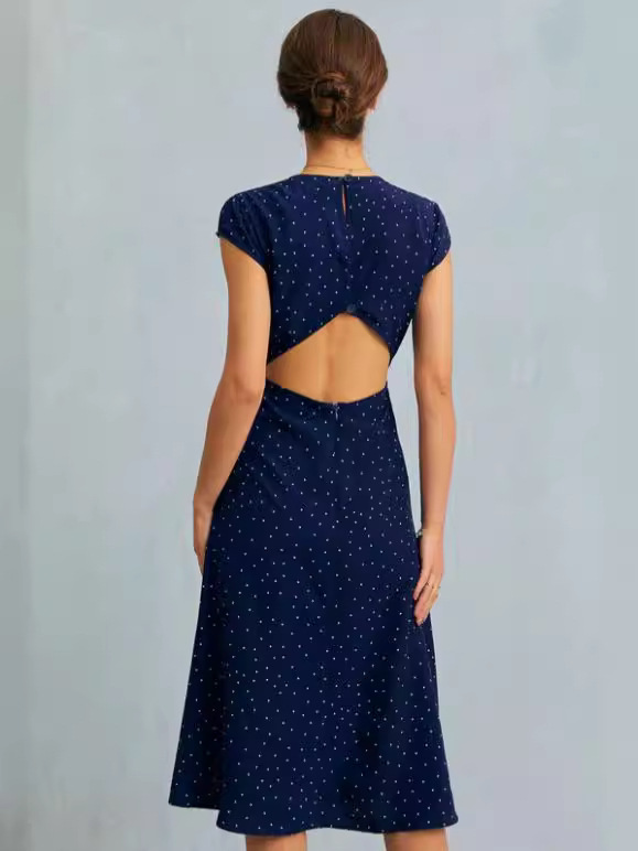 The Navy Round Neck Polka Dot Cutout Midi Dress