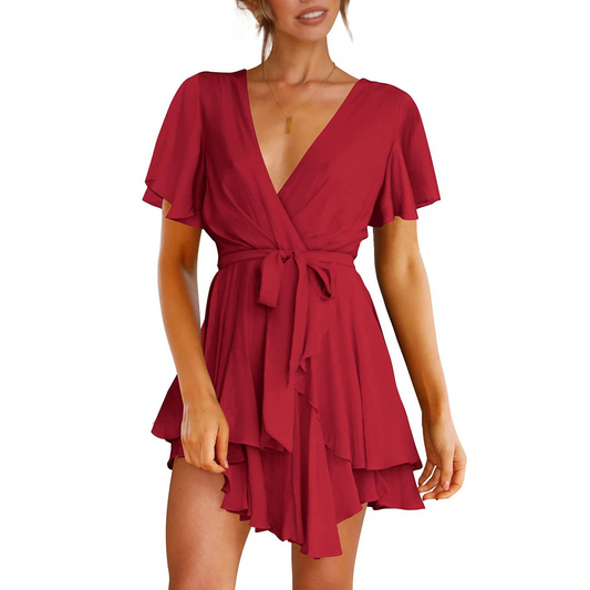 Deep V Neck Angle Sleeves Mini Dress