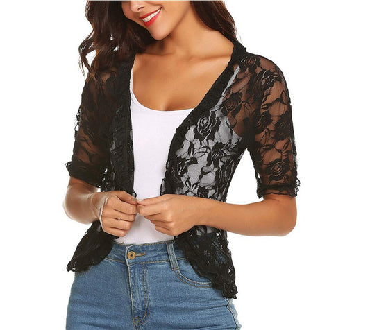 Floral Lace Half Sleeves Casual Shawl