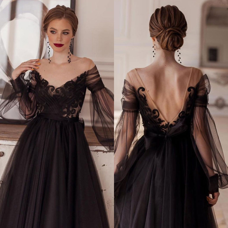 Applique Long Sleeve Tulle A Line Evening Dress