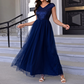 Cap-sleeved V Neck A-line Tulle Dress