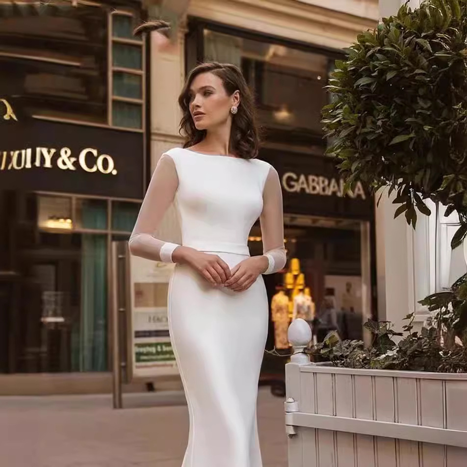 Scoop Neck Long Sleeve Sweep Train Satin Bridal Gowns