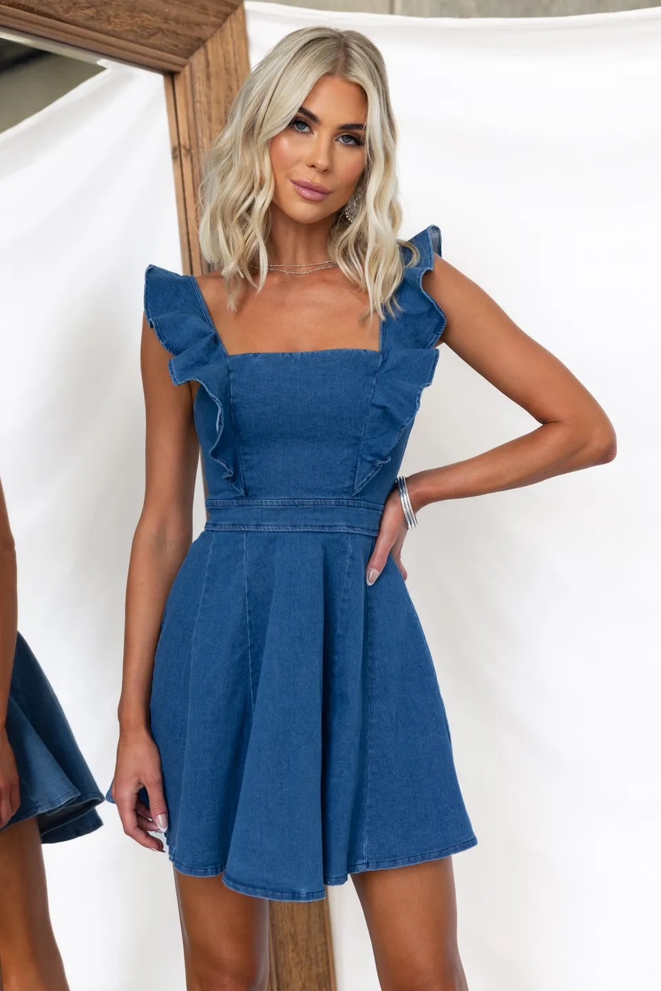 Ruffle Strap Mini Denim Dress