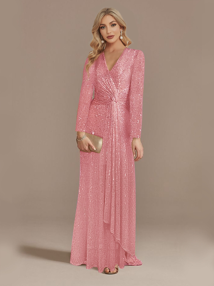 Long Sleeve V Neck Sequined Evening Dress