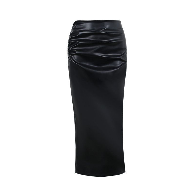 Black Faux Leather Ruched Long Skirt