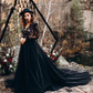 Black A-Line V-Neck Long Sleeves Lace Tulle Wedding Dresses With Lace