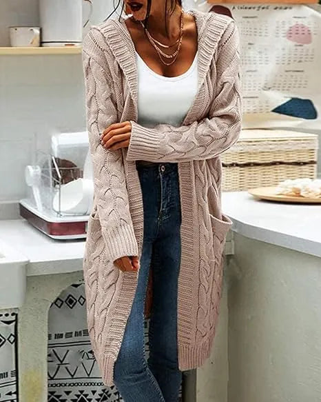 Women Hooded Open Front Cardigan Cable Knit Sweater