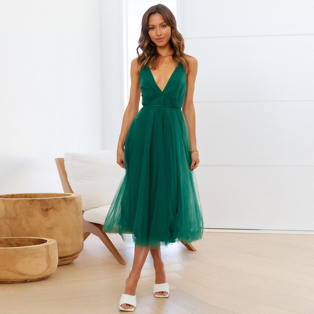 Plunging Neckline Mesh Overlay Midi Dress