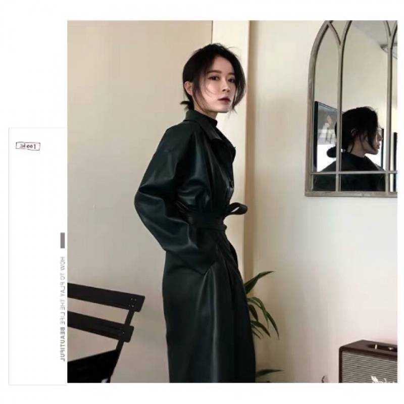 Loose Belt PU Leather Trench Coat