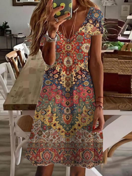 Floral Printed V Neck Short Sleeves Casual Dress