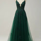 Deep V-neck Tulle Applique Sleeveless Brush Train Prom Dress