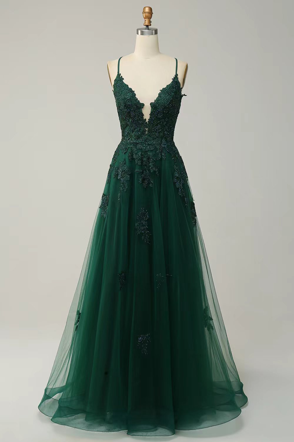 Deep V-neck Tulle Applique Sleeveless Brush Train Prom Dress