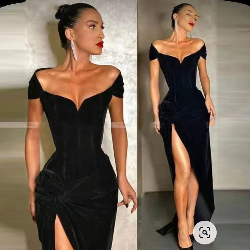 Velvet Ruched Off-the-Shoulder Sleeveless Sweep Train Prom Dress