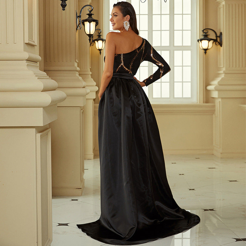 One Shoulder Cloak Sequin Prom Dress