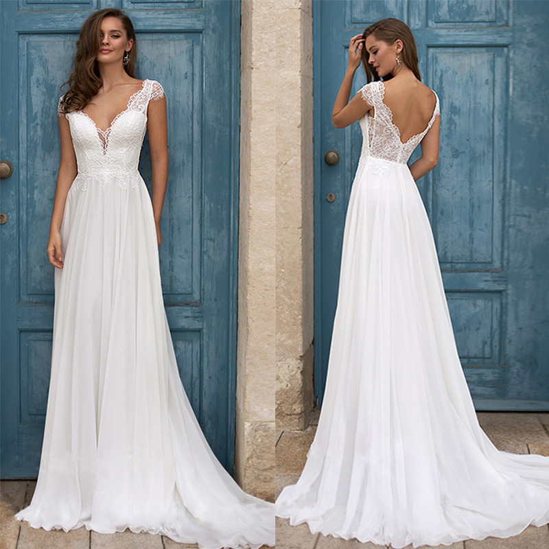 Lace Embroidered V-neck Sleeveless Brush Train Wedding Dress