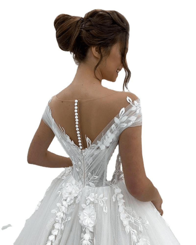 A-Line Lace Scoop Short Sleeves Brush Train Princess Wedding Dress