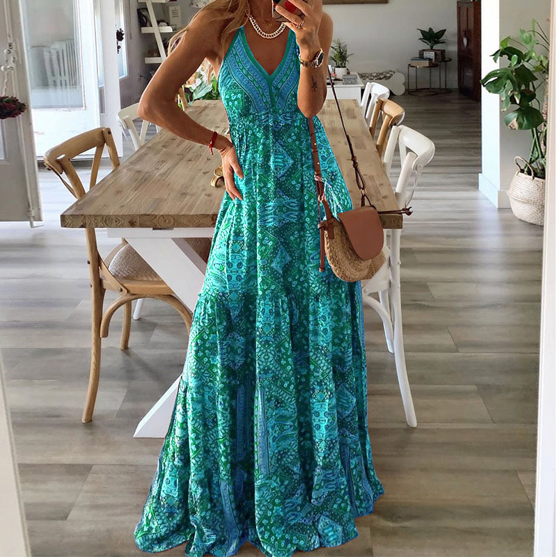 Floral Printed V Neck Sleeveless Casual Maxi Dress