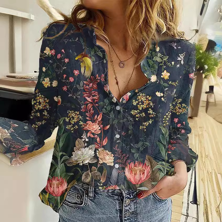 Black Floral Printed Log Sleeves Buttoned Shirt