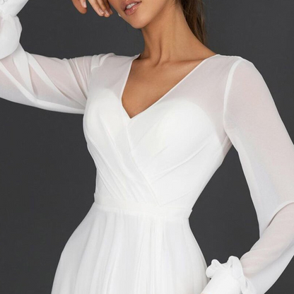 Long Sleeves Tea-Length A-Line Wedding Dress With Chiffon V-Neck