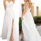 A Line Chiffon Lace Sweetheart Spaghetti Straps Backless Beach Wedding Dress