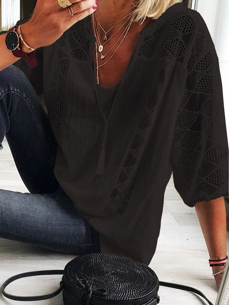 Solid Color Hollow out Scarf Neck 3/4 Sleeves Blouse