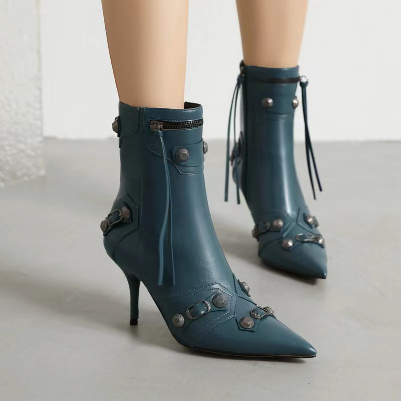 PU Bright Leather Pointed Toe Stiletto Metal Buckle Ankle Boots