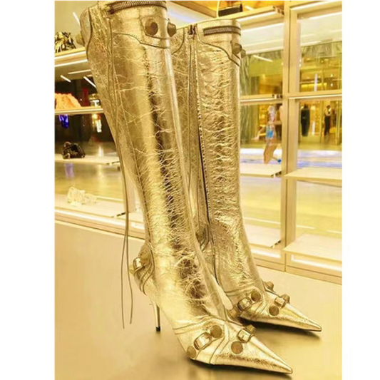 Bright Leather Pointed Toe Stiletto Knee High Boots