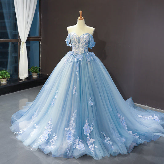 Off-the-Shoulder Sleeveless Applique Chapel Train Prom Dress