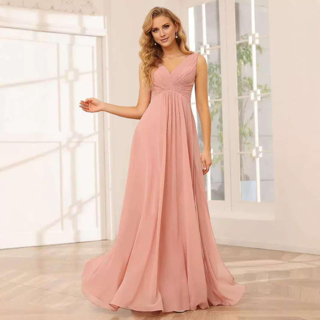 V Neck Long Slit Bridesmaid Dress